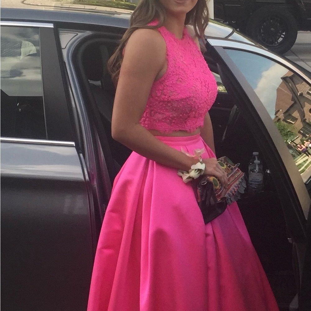 Bright pink 2 piece silk prom dress. Jovani size 0. Top is lace with beads